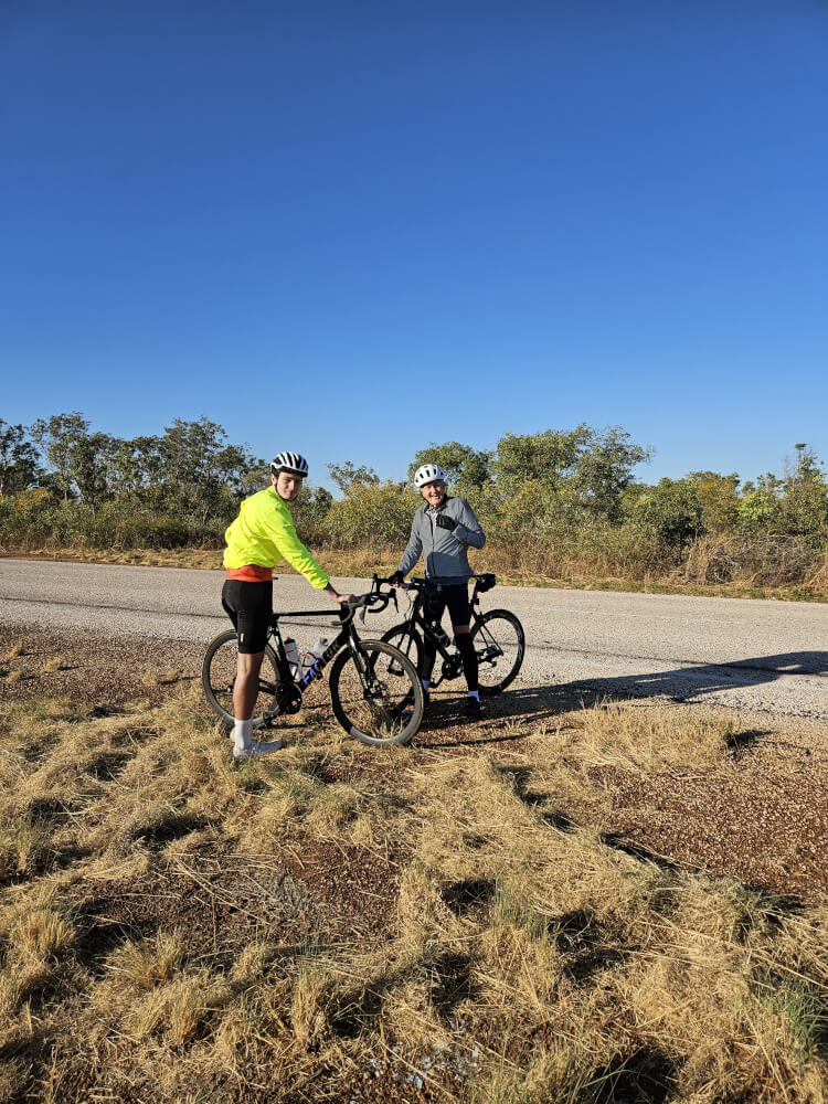Bob and Tom leave Willare Bob Montgomery and Tom Malcolm preparing to leave Willare Campground on their bicycles