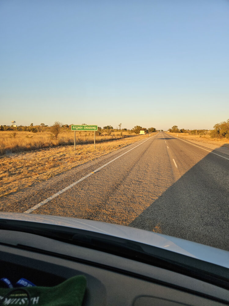 Approaching Fitzroy Crossing Great Northern Highway at sunset approaching Fitzroy Crossing