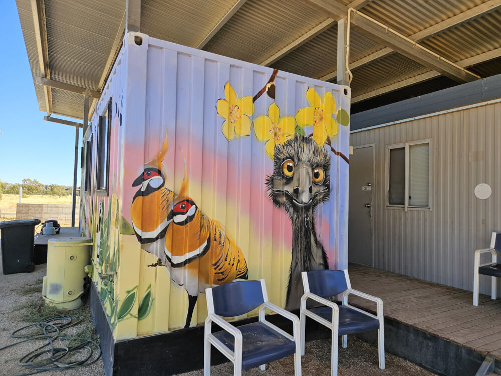 Colours of Mimbi Colourful animal and flower mural at Mimbi Caves campground