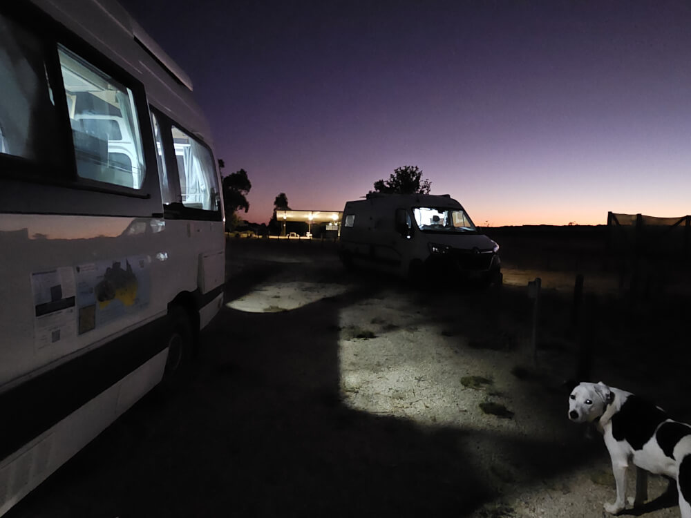 Lucky Wonders What’s Going On What's Going On Lucky standing beside the support van at Mimbi Caves before sunrise