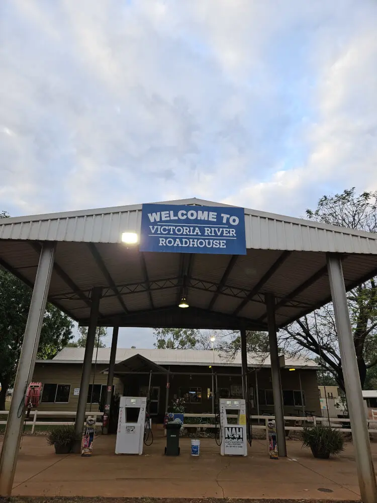 Victoria River Roadhouse | The Diesel Bowser Saga Entrance to Victoria River Roadhouse beneath a welcome sign, where Jenny and Tara encountered difficulties finding the diesel bowsers.
