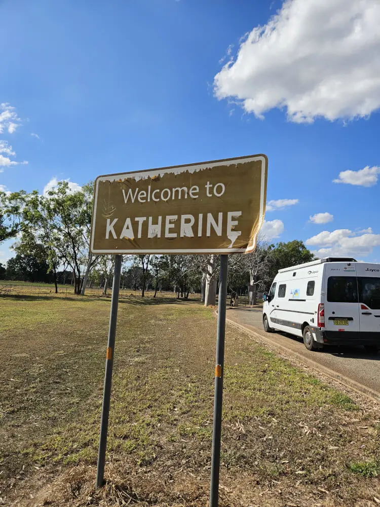Katherine town entrance sign beside the highway in the Northern Territory.