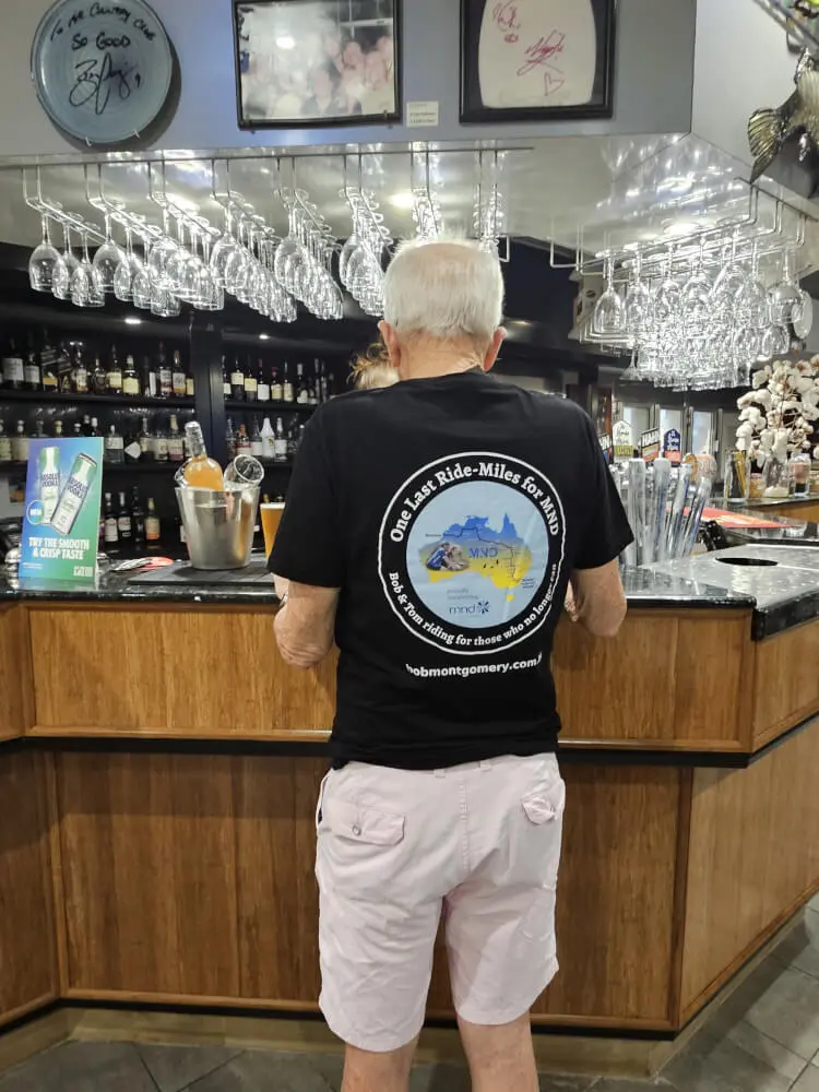 Bob Wearing the Ride T-Shirt Bob wearing the Broome to Bowral ride T-shirt at Kelly's Bar & Grill in Kununurra