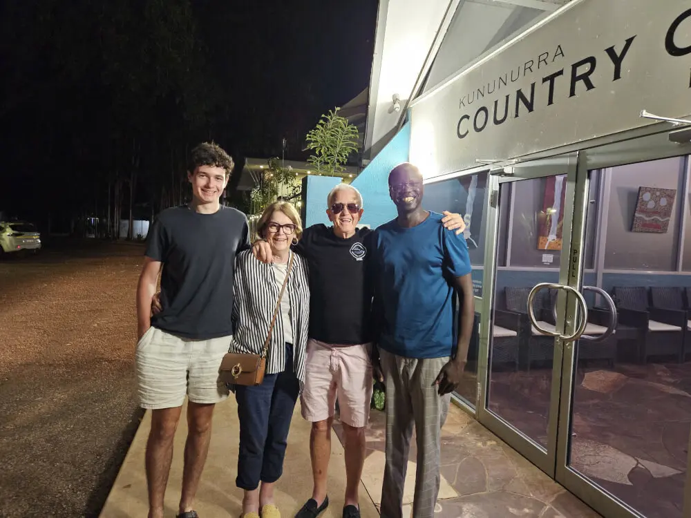 Paul, Our Kununurra Driver Tom, Jenny, Bob and Paul standing together outside in Kununurra