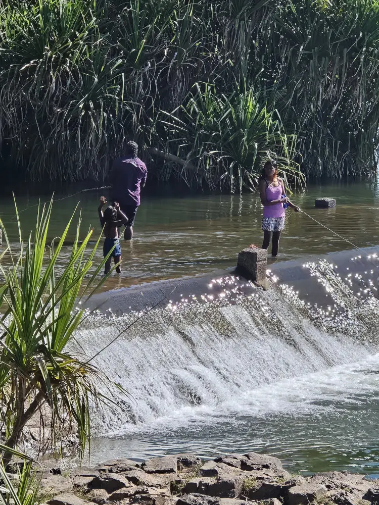 Fishing at Ivanhoe Crossing Family fishing from Ivanhoe Crossing near Kununurra