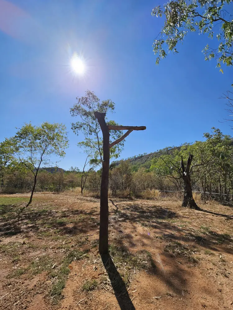 Tall Weathered Timber Post Tall weathered timber post with a horizontal branch beneath a bright blue sky in dry bushland