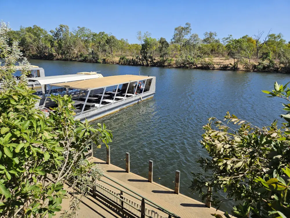 Katherine Gorge Tour Boat Covered tour boat moored beside a jetty on the water at Nitmiluk National Park