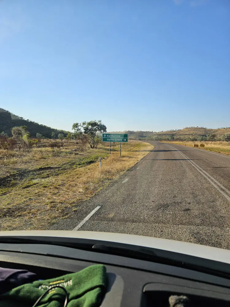 The Shortcut to Halls Creek Road sign for Halls Creek at the Duncan Road turn-off from the Victoria Highway