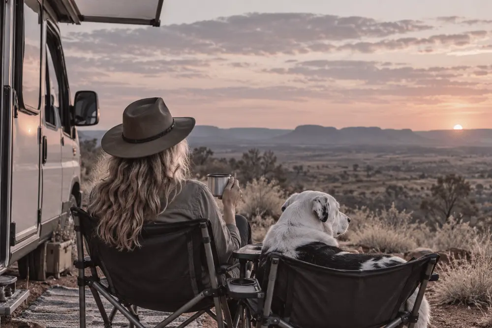 Illustration of Tara and her black-and-white dog Lucky beside their campervan, overlooking the Australian outback at sunset.